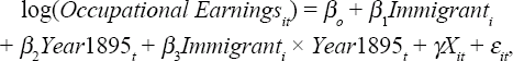 
\[
\begin{array}
\log(Occupational\ Earnings_{it})=\beta_{o}+\beta_{1}Immigrant_{i}\\
+\beta_{2}Year1895_{t}+\beta_{3}Immigrant_{i}\times Year1895_{t}+\gamma X_{it}+\varepsilon_{it},
\end{array}
\
