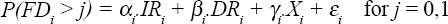 
\[
\begin{array}
P(FD_{i}>j)=\alpha_{i}IR_{i}+\beta_{i}DR_{i}+\gamma_{i}X_{i}+\varepsilon_{i}\quad \mathrm{for}\ j=0,1
\end{array}
\
