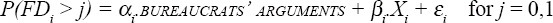 
\[
\begin{array}
P(FD_{i}>j)=\alpha_{i}BUREAUCRATS{\hbox{'}}\ ARGUMENTS+\beta_{i}X_{i}+\varepsilon_{i}\quad \mathrm{for}\ j=0,1
\end{array}
\
