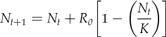 N_{t{\rm{ + 1}}}  = N_t + R_{\it 0} \left[ {1 - \left( {{{N_t } \over K}} \right)} \right]
