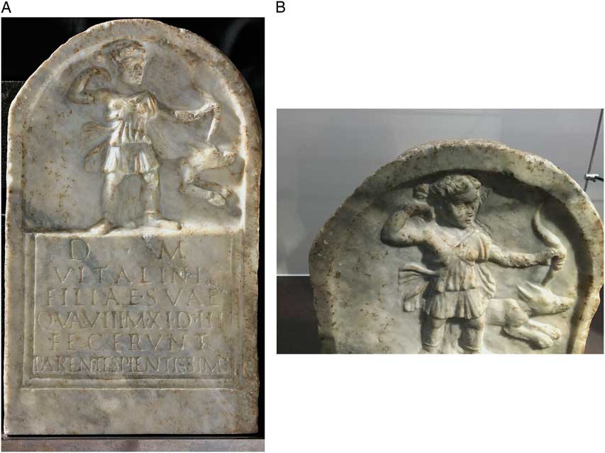 Marble stele (grave marker) with a youth and little girl, and a