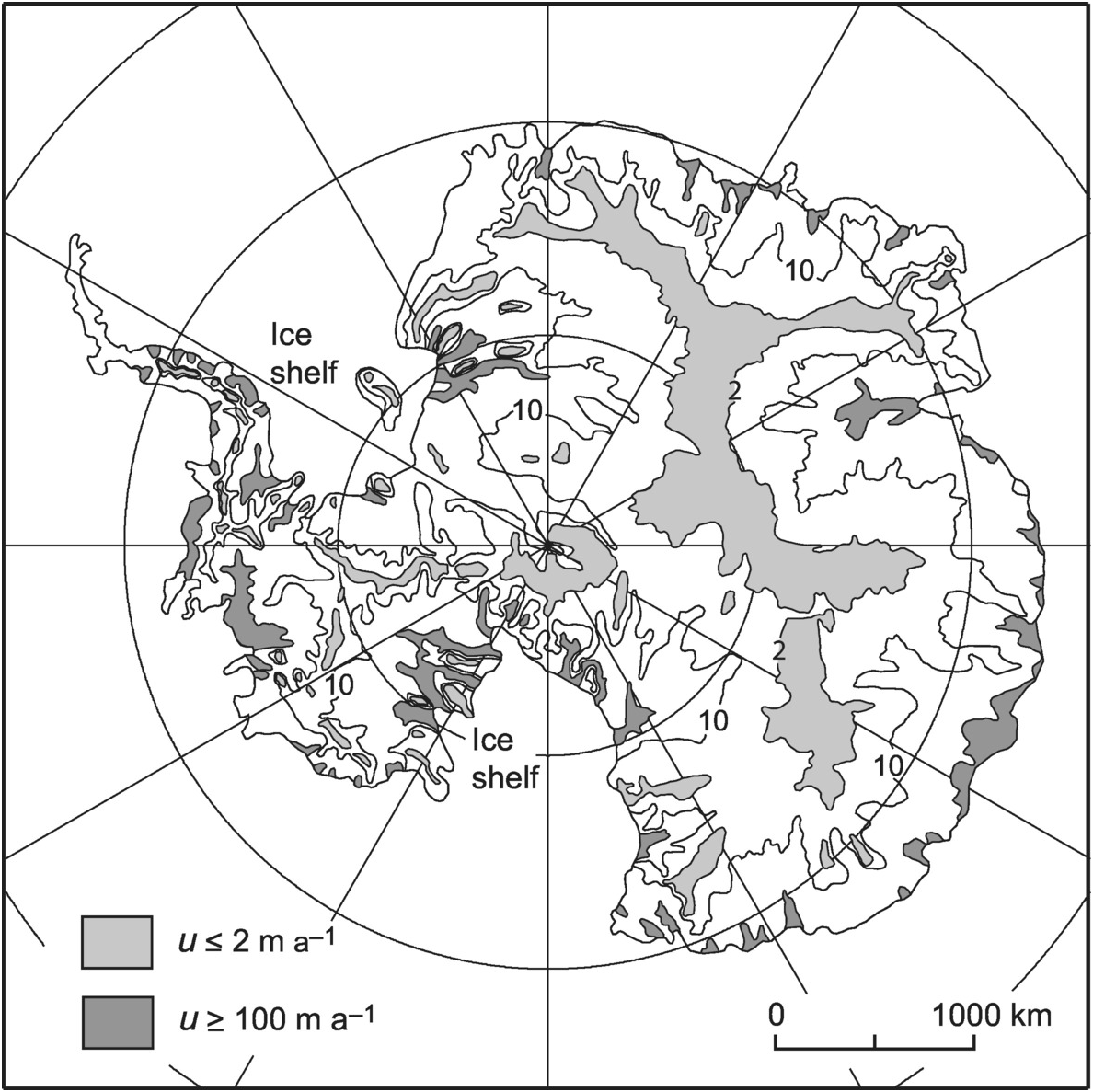 Map of measured glacier surface velocities (m a −1 ) and location