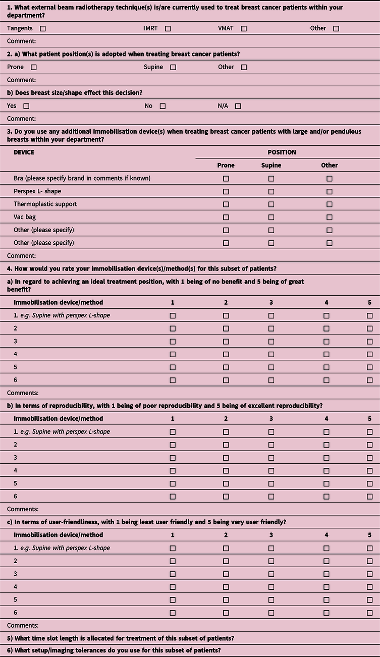 A service evaluation of the immobilisation techniques adopted for breast  cancer patients with large and/or pendulous breasts, receiving external  beam radiotherapy, Journal of Radiotherapy in Practice