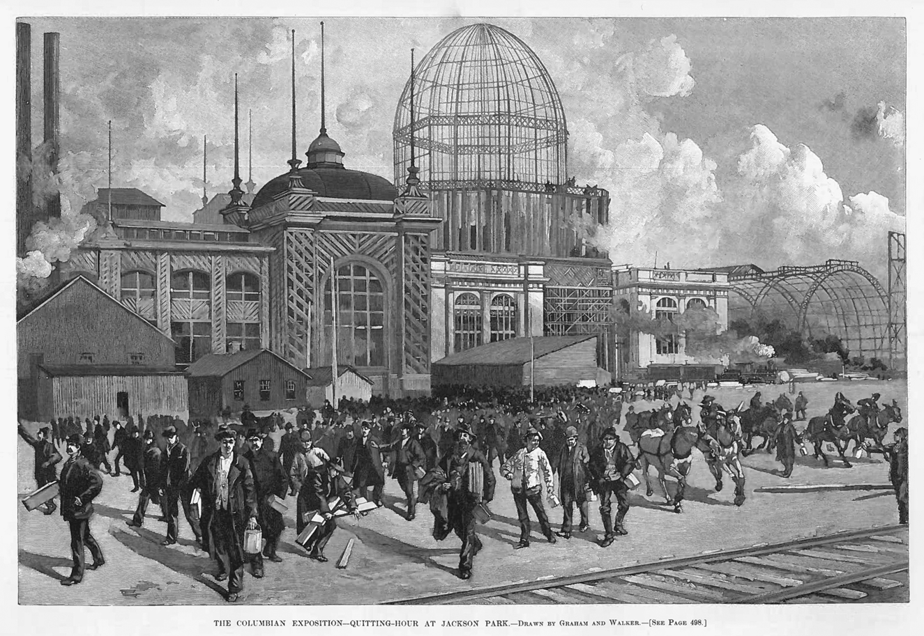 1893 WORLDâ€™S FAIR Machinery Hall COLOR LITHO LAPEL STUD Columbian Exposition