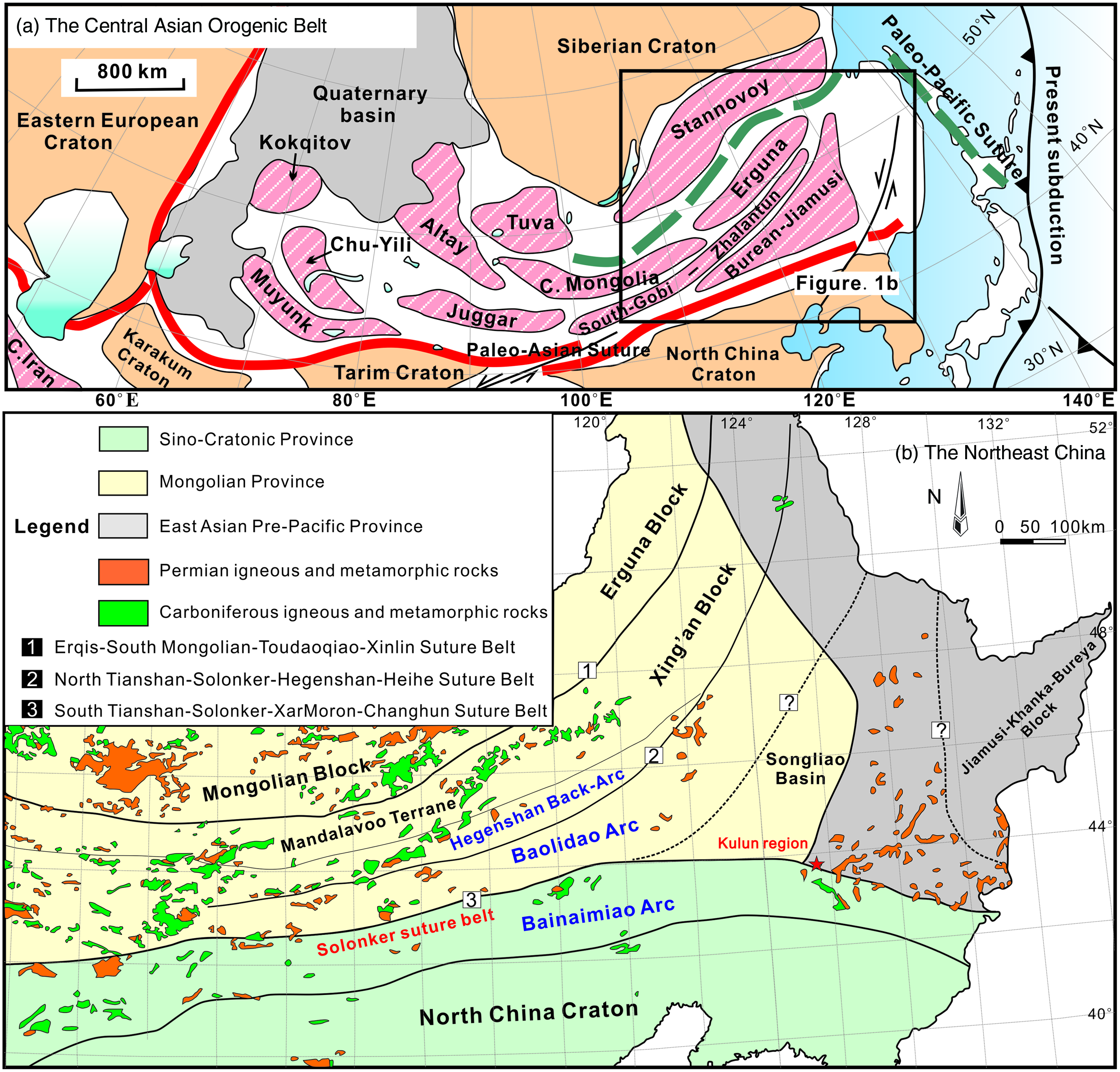 Schematic tectonic map of the Central Asian Orogenic Belt (CAOB