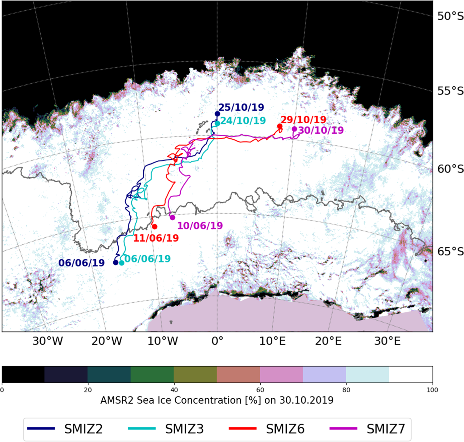 A dataset of direct observations of sea ice drift and waves in ice