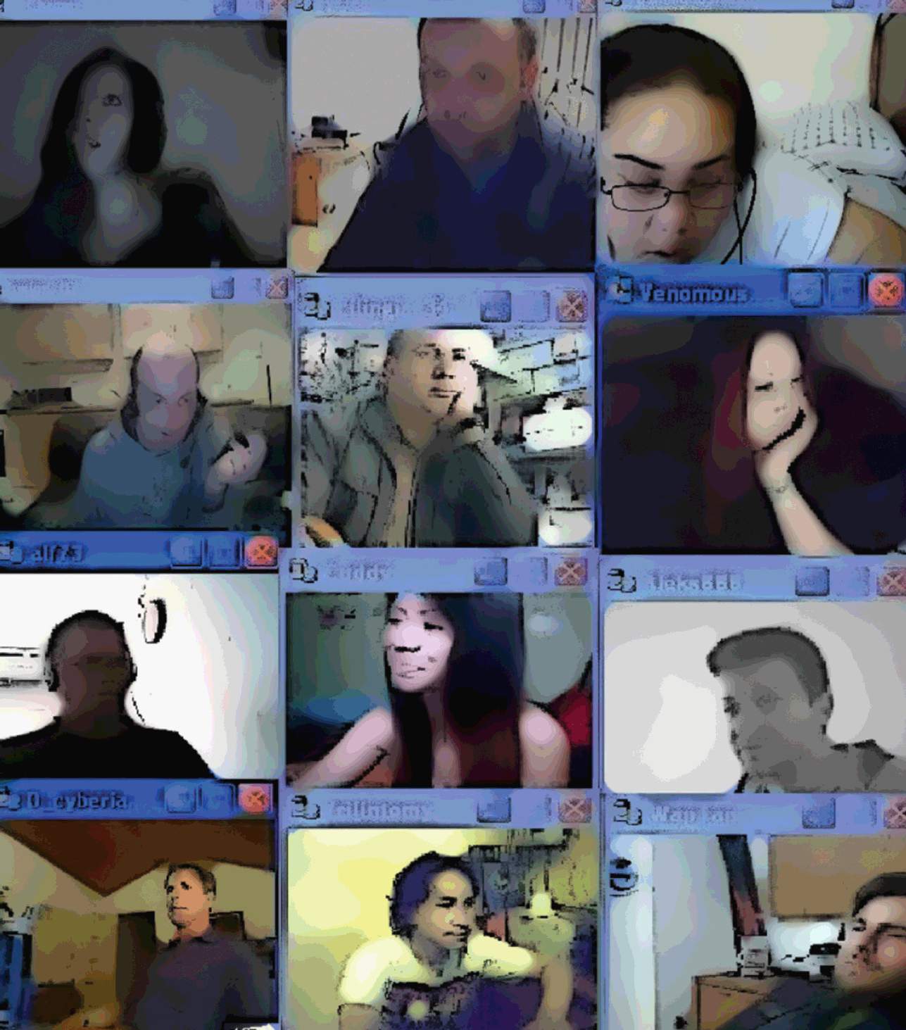 12 stills of 12 participants taken in oblique positions in several video calls in multiparty video calls