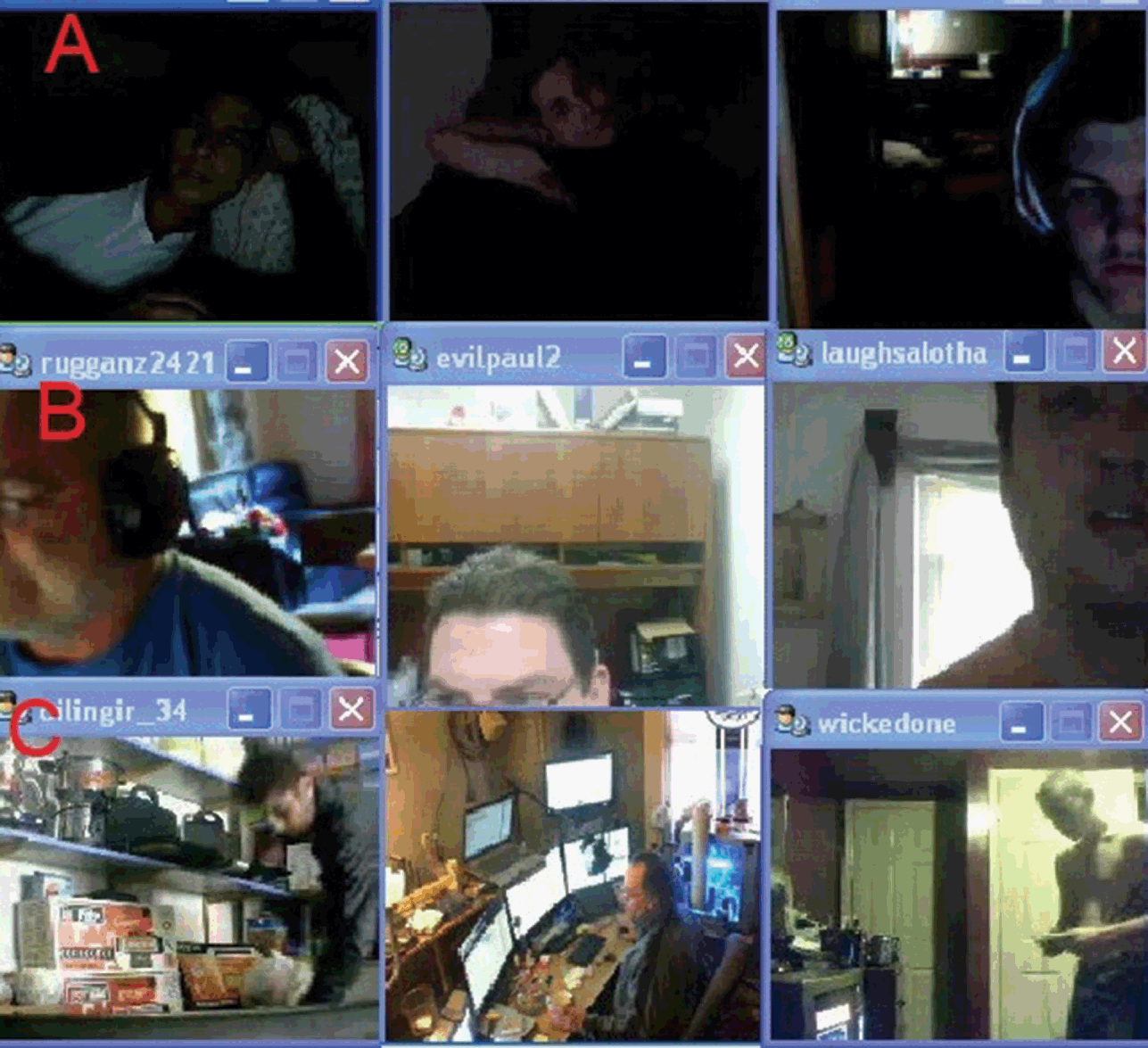 9 stills of 9 participants taken from different angles and perspectives and framed in different positions depending on webcam positions.