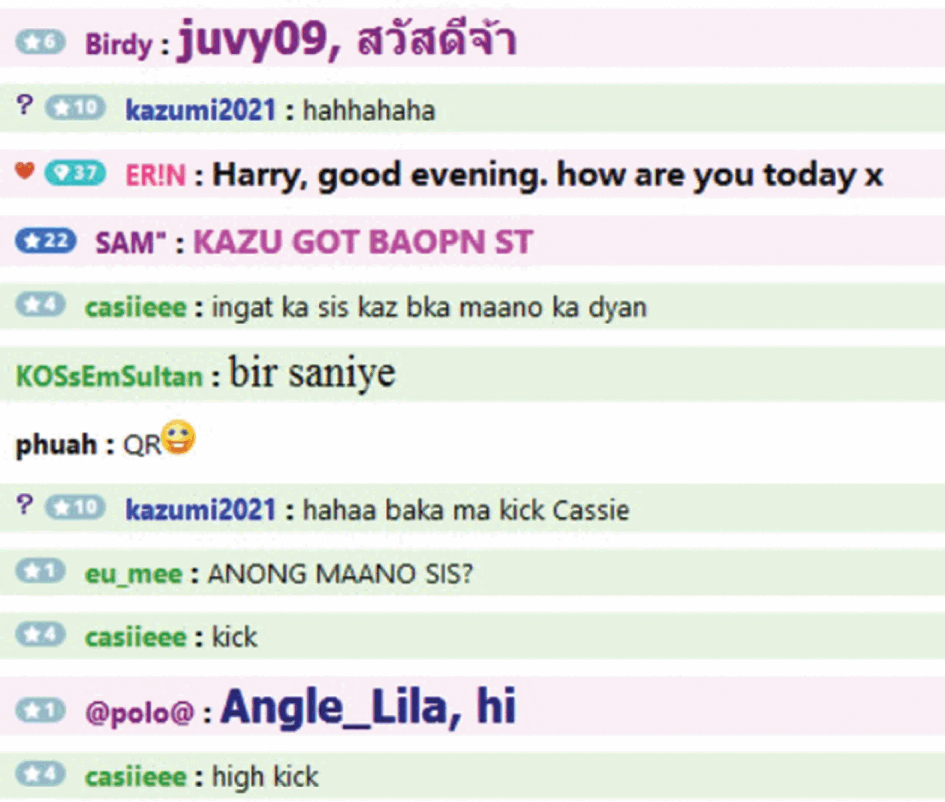 Screen capture of a portion of a written chat showing different languages in action