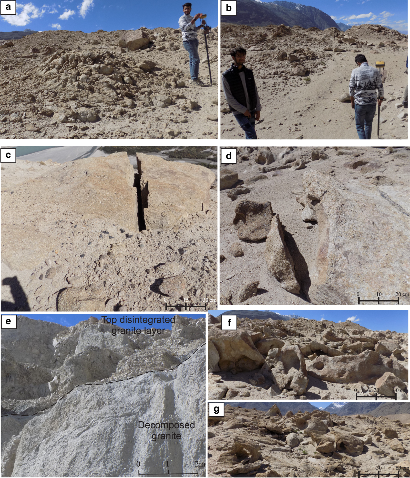 Field photographs showing (a) Outcrop of granitoids at Panamik, Nubra