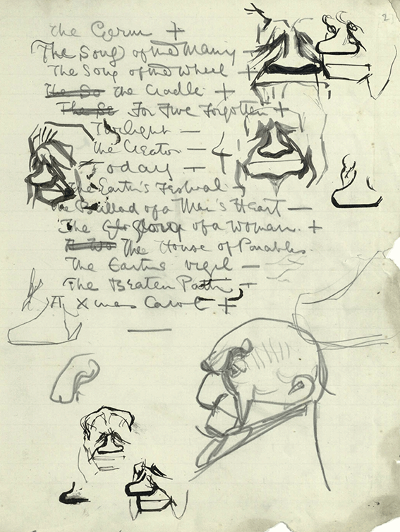 Page from an untitled holograph notebook with a list of poem titles and doodles of William Gladstone and Thomas Huxley by G. K. Chesterton, circa 1894–6.