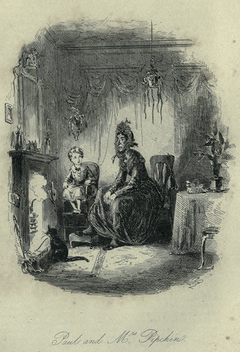 Illustration by Phiz of Paul and Mrs. Pipchin for Dombey and Son by Charles Dickens.