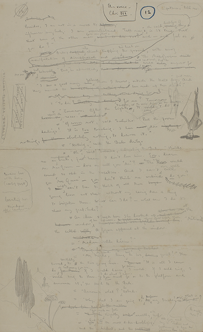 Page from a holograph draft of Zuleika Dobson by Max Beerbohm with doodles and other scribblings.