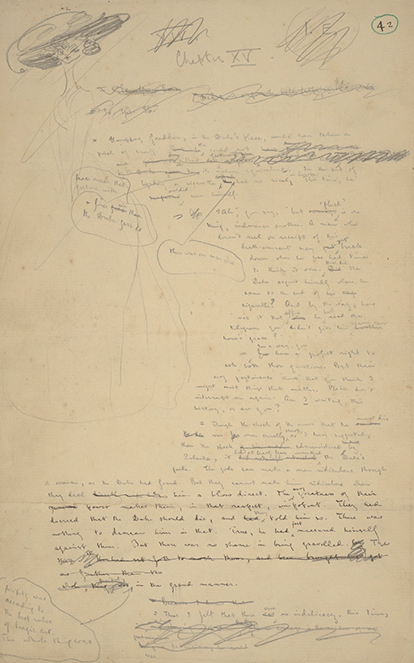Page from a holograph draft of Zuleika Dobson by Max Beerbohm with a sketch of Zuleika.