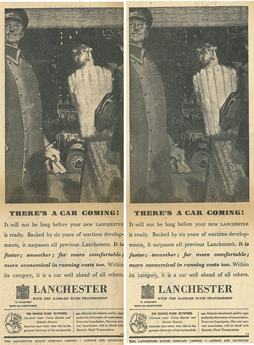 Newspaper clipping of an advertisement for Lanchester Motor Company with a duplicate copy altered by Max Beerbohm; Beerbohm’s grangerised copy transforms a woman’s fur coat in the original advert into a barrel.