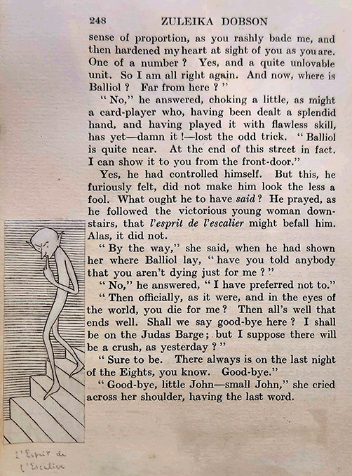 Grangerised drawing of l’esprit de l’escalier added by Max Beerbohm to a copy of his novel Zuleika Dobson .