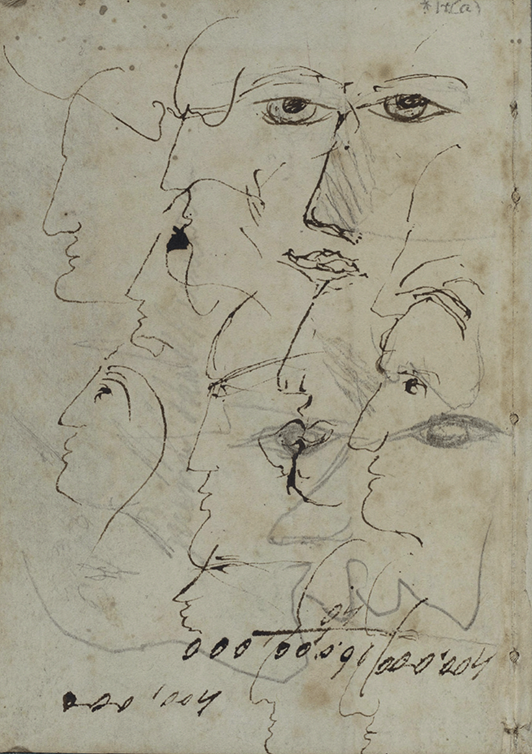 the inside back cover of a Shelley notebook, densely covered in doodled profiles, faces, and facial features done upside down in both pen and ink, and pencil.