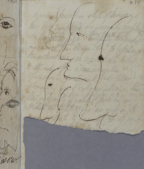 a partially torn page with doodled profiles in pen and ink drawn upside down over a draft letter to Leigh Hunt written in pencil.