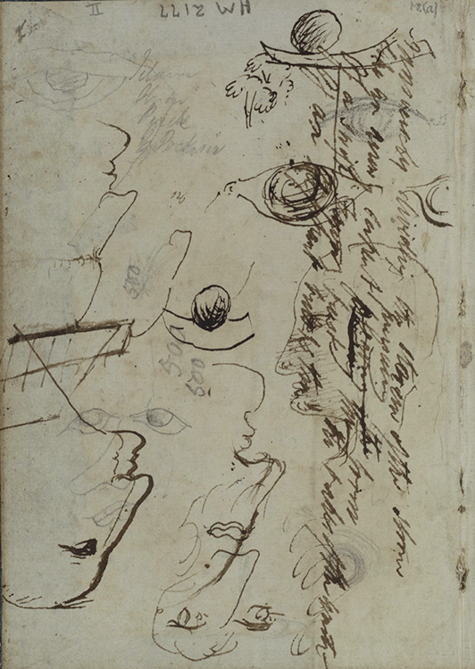 the inside front cover of a Shelley notebook, with fragments of writing and doodles of faces, facial features, trees, and boats. Text and images facing in multiple directions.