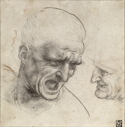 Preparatory sketch by Leonardo da Vinci of the heads of two warriors for the planned fresco The Battle of Anghiari , circa 1505.