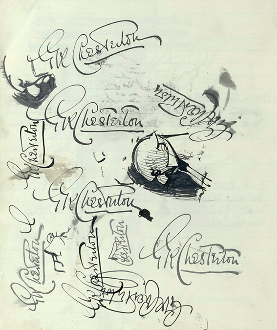 a notebook page with multiple ‘GK Chesterton’ signatures and doodles of William Gladstone and Joseph Chamberlain.