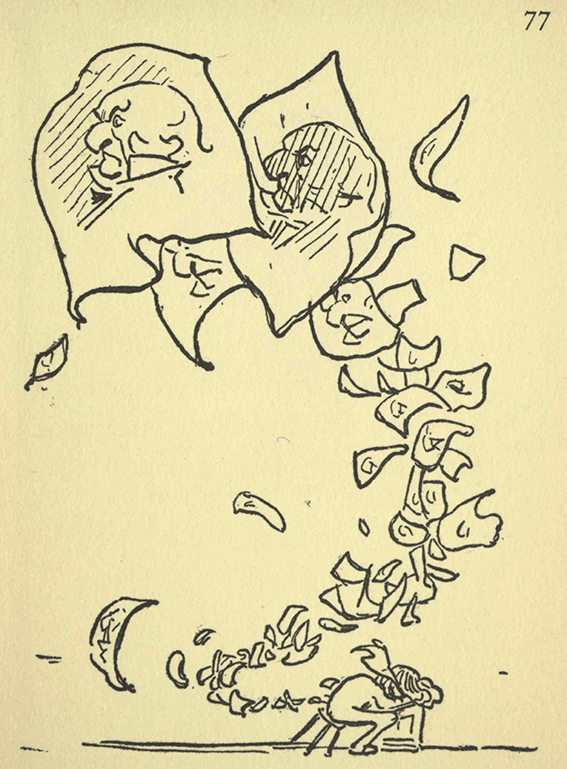Whimsical illustration of one of Chesterton’s nonsense poems with a small figure at a desk doodling countless variations of William Gladstone’s profile.