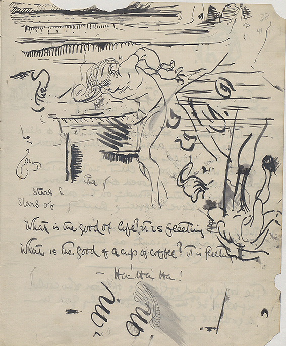 a page from one of Chesterton’s holograph notebooks with various verbal and visual doodling, including a semi-naked figure with his hands bound behind his back.