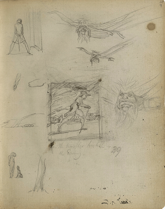 a central framed emblem of a man striding in the countryside surrounded by doodles of a supernatural flying figure with a body in its mouth, a man with a dog, a plough and a man urinating.