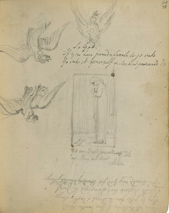 a central framed emblem of a woman cradling a baby, with fragments of text above and below it along with doodles of a bird carrying a female figure.