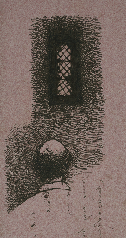 doodle in pen and ink on blotting paper of a bald man depicted from behind with a small leaded window above him. There are some traces of blotted text near the man’s back.