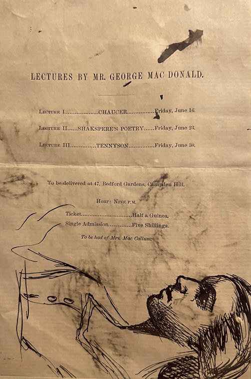 half-length doodle in pen and ink of a young woman underneath a printed programme advertising lectures by George MacDonald.