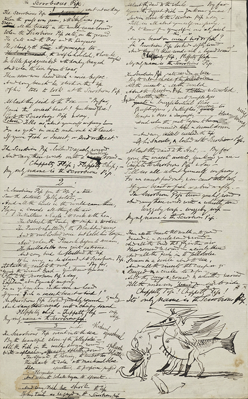 holograph manuscript of ‘The Scroobious Pip’, mostly text with corrections but with doodled images of strange parrot figures and a larger comical half-fish, half-bird.