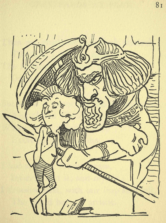 humorous illustration of a nineteenth-century dandy posing next to a monstrous glowering man holding a giant spear and in ancient attire.