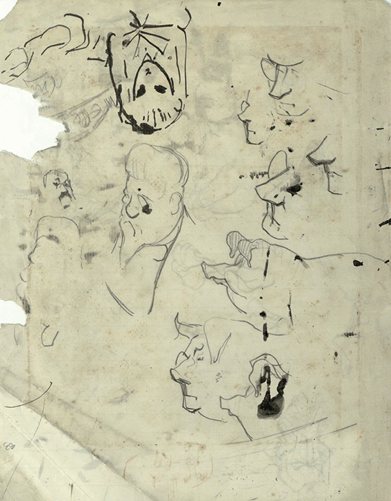 a page from one of Chesterton’s holograph notebooks with various doodles, including pigs, Joseph Chamberlain, and Chamberlain as a pig.