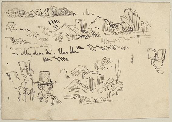 Small notebook page with untitled sketches of figures and landscapes by William Makepeace Thackeray, circa 1853–4.