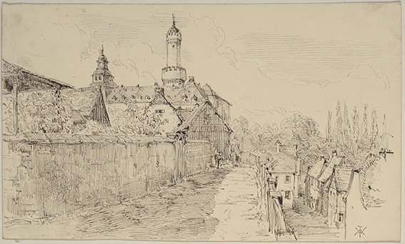 Townscape sketch by William Makepeace Thackeray, circa 1853–4.
