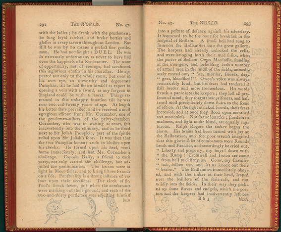 Extra-illustrated comic drawings by William Makepeace Thackeray from his personal copy of The World , vol. 1, 1795.