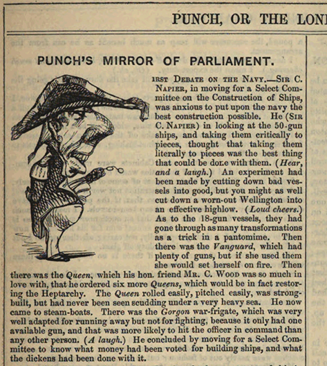 Pictorial capital that caricatures navy admiral Sir Charles Napier from Punch volume 8, number 189, 22 February 1845, page 89.