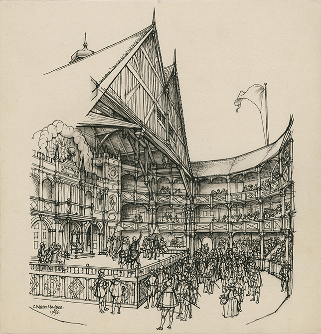 A line sketch of the second Globe playhouse stage. Players and audience members are also drawn.
