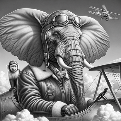 An AI-generated image of an elephant wearing aviation goggles and a leather pilot jacket pilots an airplane, accompanied by a small monkey also dressed in goggles. In the background, another airplane soars through fluffy clouds in a bright sky.