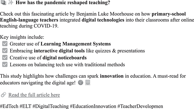 An AI-generated summary for a social media post about how primary-school English teachers integrated digital technologies post-COVID.