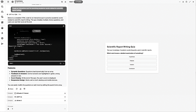 A screenshot showing HTML code and a preview of an interactive quiz designed for practicing academic vocabulary related to scientific report writing, with dynamic questions and score feedback.