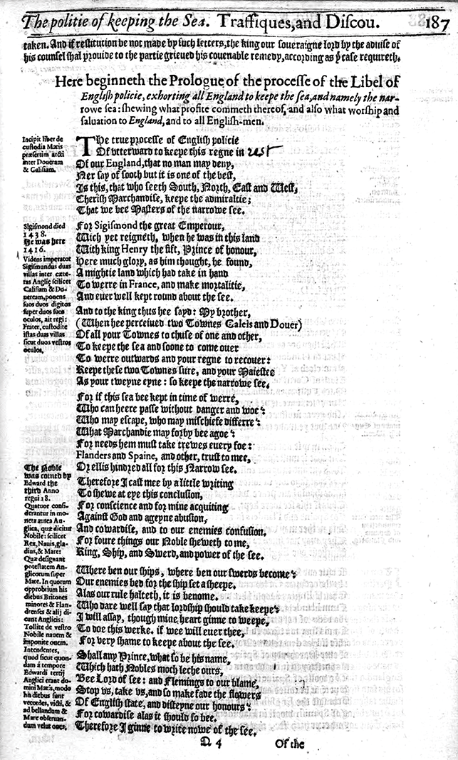A printed page from The Principal Navigations, Voiages, Traffiqves and Discoueries of the English Nation, titled The Politie of Keeping the Sea, Traffiques, and Discou. Page 187.