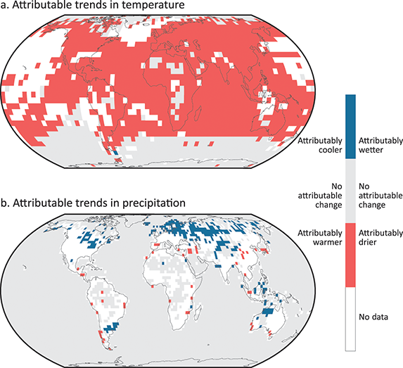 World maps showing attributable trends in temperature and precipitation. See long description.