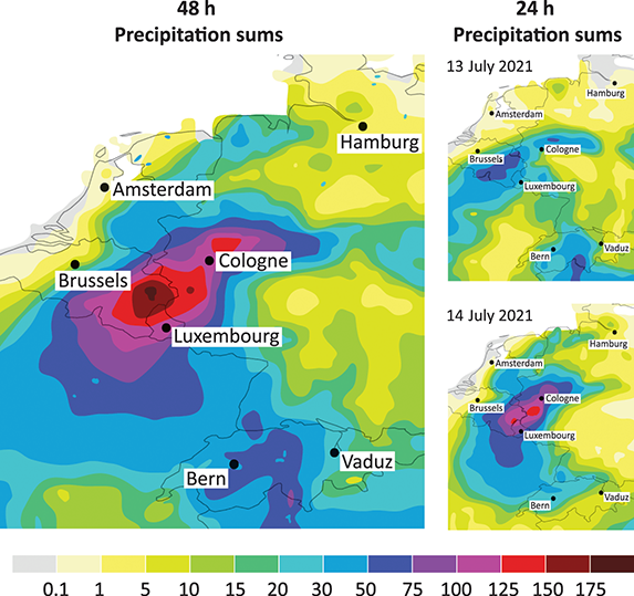 Maps showing precipitation sums over 48 hours and 24 hours in parts of Europe on specific dates in July 2021. See long description.