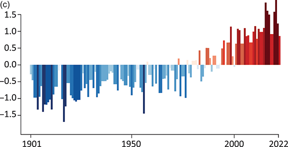 A bar graph showing temperature change in South America from 1901 to 2022. See long description.