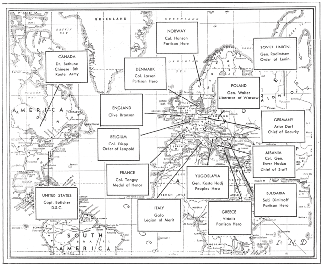 A world map depicts the distribution of several International Brigade veterans from the Second World War. See long description.