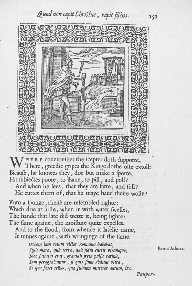 A page from an old emblem book featuring an ornate woodcut illustration of a king accompanied by a few lines of text. See long description.