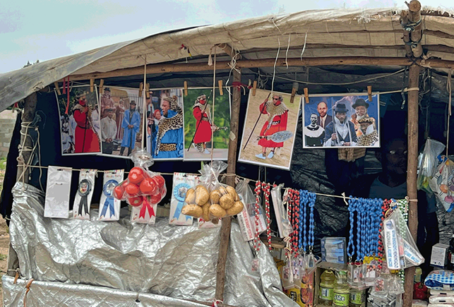 Paraphernalia of Shembe and his family, including pictures, ribbons, and necklaces, on sale at Ebuhleni.