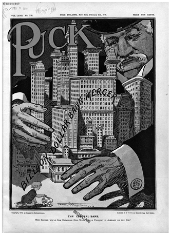 This cover illustration from Puck magazine depicts J.P. Morgan with a confident expression as he towers over and encircles the bank buildings owf New York. See long description.